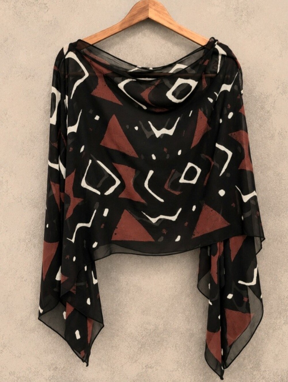 UBU 100% Silk Art to Wear Poncho Top | Abstract Black Rust Cream | Boho
